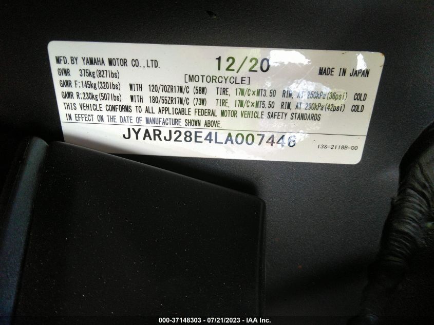 2020 YAMAHA YZFR6 JYARJ28E4LA007446