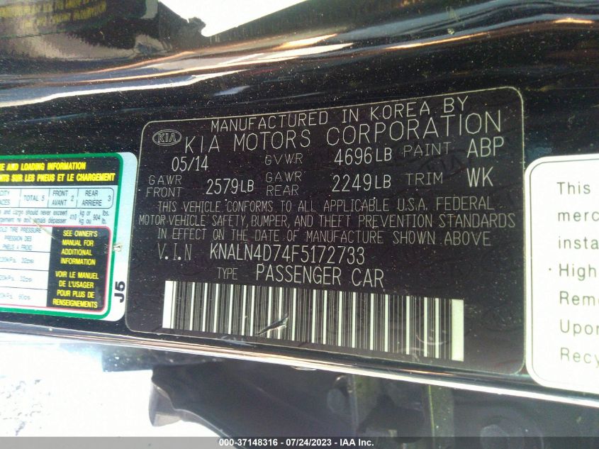 2015 KIA CADENZA PREMIUM KNALN4D74F5172733