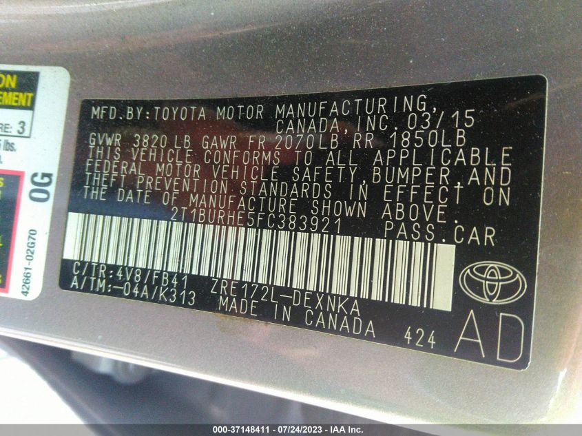 2015 TOYOTA COROLLA L/LE/LE PLS/PRM/S/S PLS - 2T1BURHE5FC383921