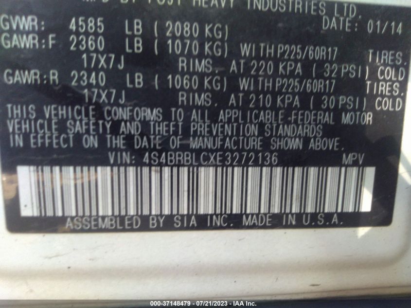 2014 SUBARU OUTBACK 2.5I LIMITED - 4S4BRBLCXE3272136