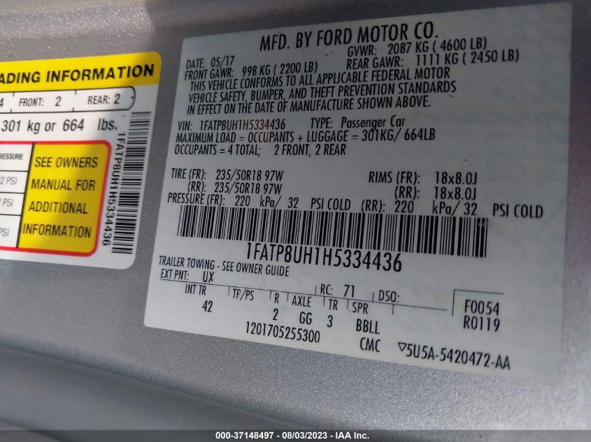 2017 FORD MUSTANG ECOBOOST PREMIUM - 1FATP8UH1H5334436
