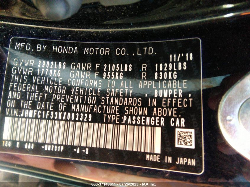 2019 HONDA CIVIC SEDAN EX - JHMFC1F33KX003329