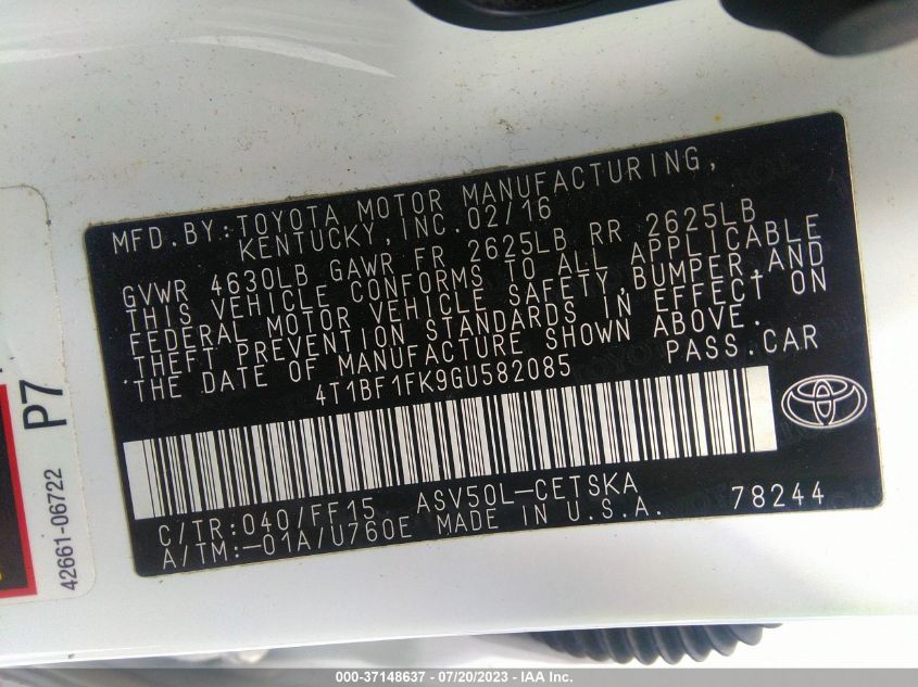 2016 TOYOTA CAMRY XLE/SE/LE/XSE - 4T1BF1FK9GU582085
