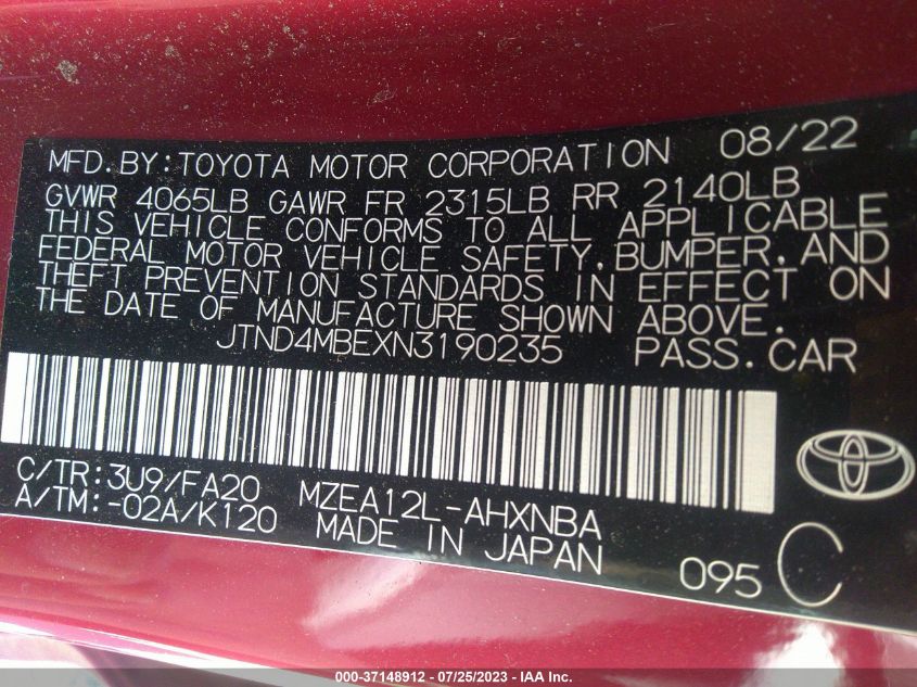 2022 TOYOTA COROLLA HATCHBACK SE/NIGHTSHADE/XSE JTND4MBEXN3190235