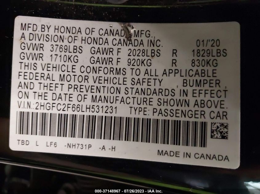 2HGFC2F66LH531231 Honda Civic Sedan LX 9