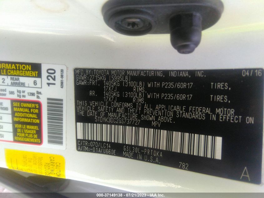 2016 TOYOTA SIENNA XLE/LIMITED - 5TDYK3DC2GS737727
