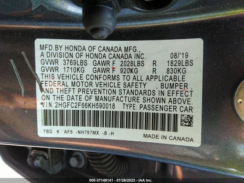 2019 HONDA CIVIC SEDAN LX - 2HGFC2F66KH590018