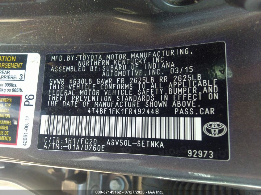 2015 TOYOTA CAMRY XLE/SE/LE/XSE - 4T4BF1FK1FR492448