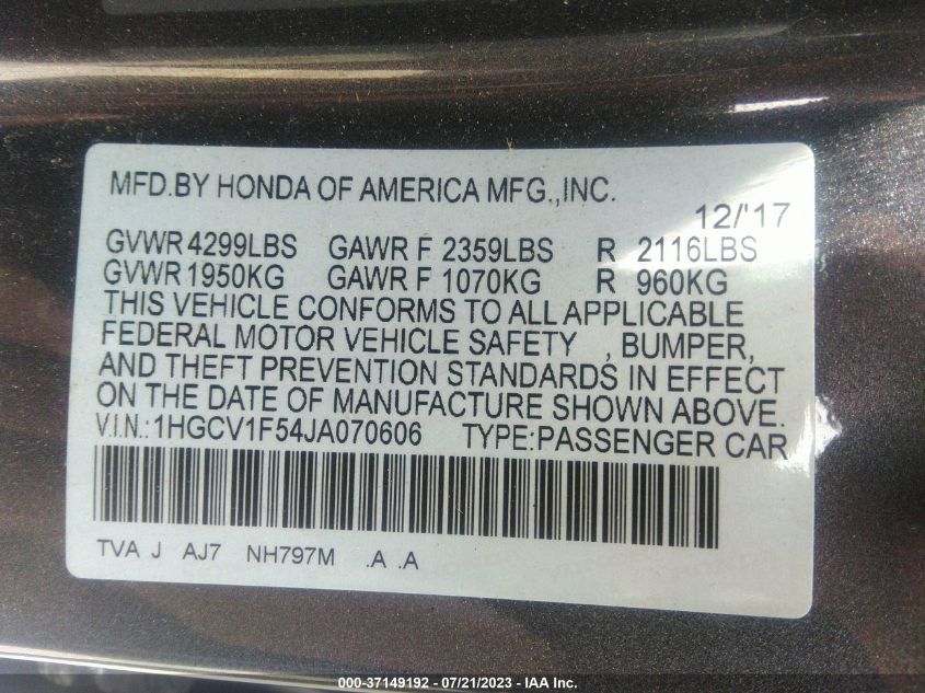 2018 HONDA ACCORD SEDAN EX-L 1.5T - 1HGCV1F54JA070606