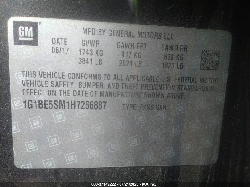 2017 CHEVROLET CRUZE LT - 1G1BE5SM1H7266887