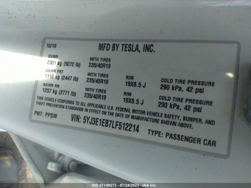 2020 TESLA MODEL 3 LONG RANGE - 5YJ3E1EB7LF512214