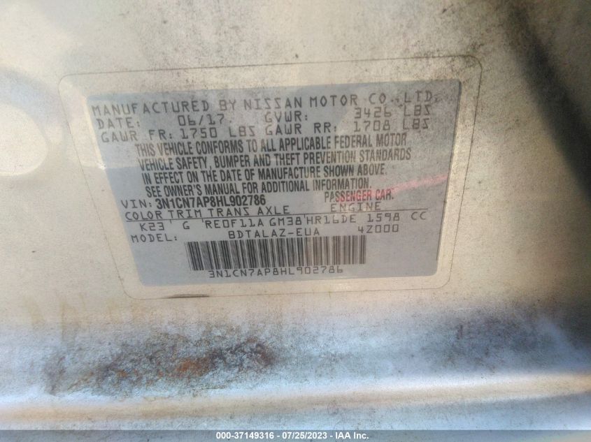 2017 NISSAN VERSA SEDAN S PLUS - 3N1CN7AP8HL902786