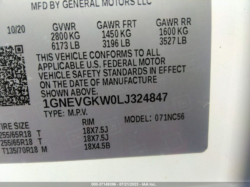 2020 CHEVROLET TRAVERSE LT - 1GNEVGKW0LJ324847