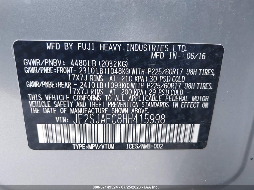VIN JF2SJAEC8HH415998 2017 SUBARU FORESTER PREMIUM