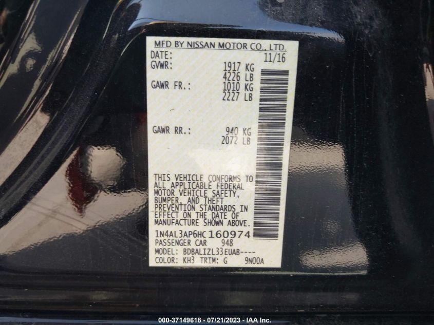 2017 NISSAN ALTIMA 2.5/S/SV/SL/SR - 001N4AL3AP6HC1609