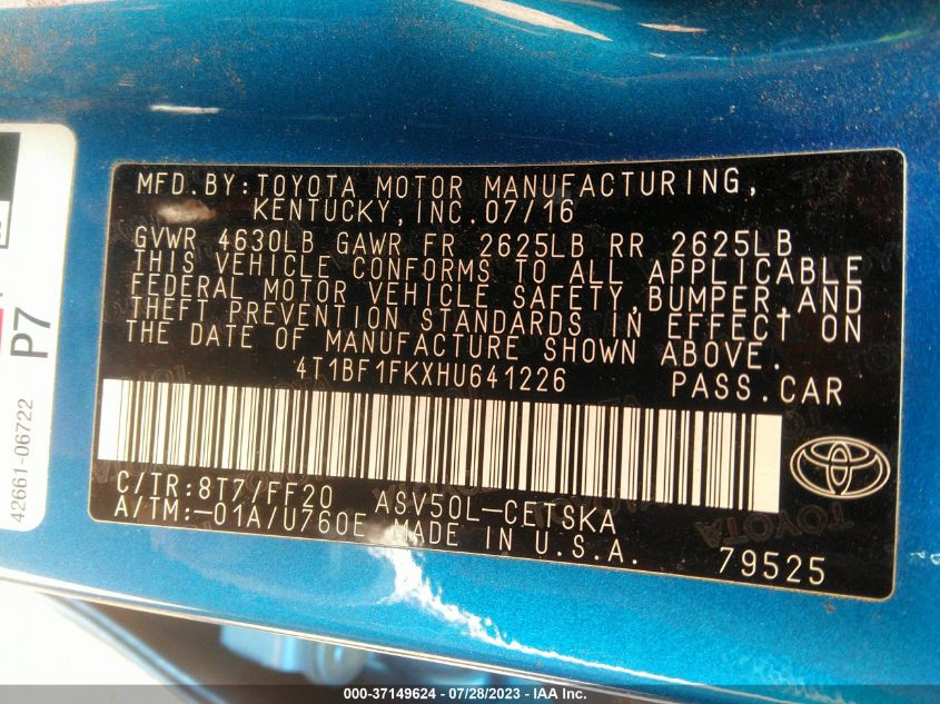 2017 TOYOTA CAMRY XLE/SE/LE/XSE - 4T1BF1FKXHU641226