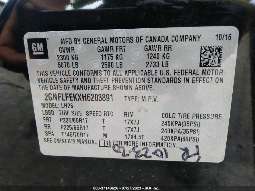 2017 CHEVROLET EQUINOX LT - 2GNFLFEKXH6203891