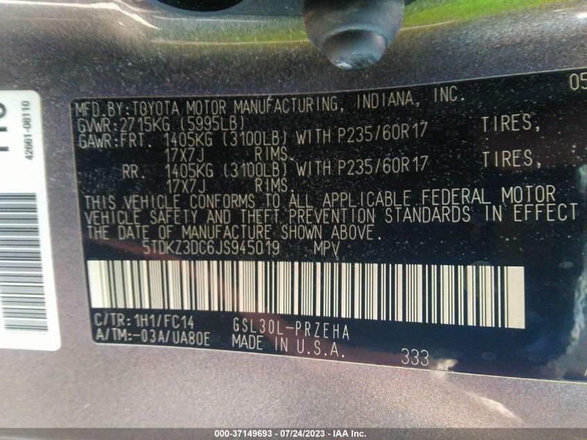 2018 TOYOTA SIENNA LE - 5TDKZ3DC6JS945019