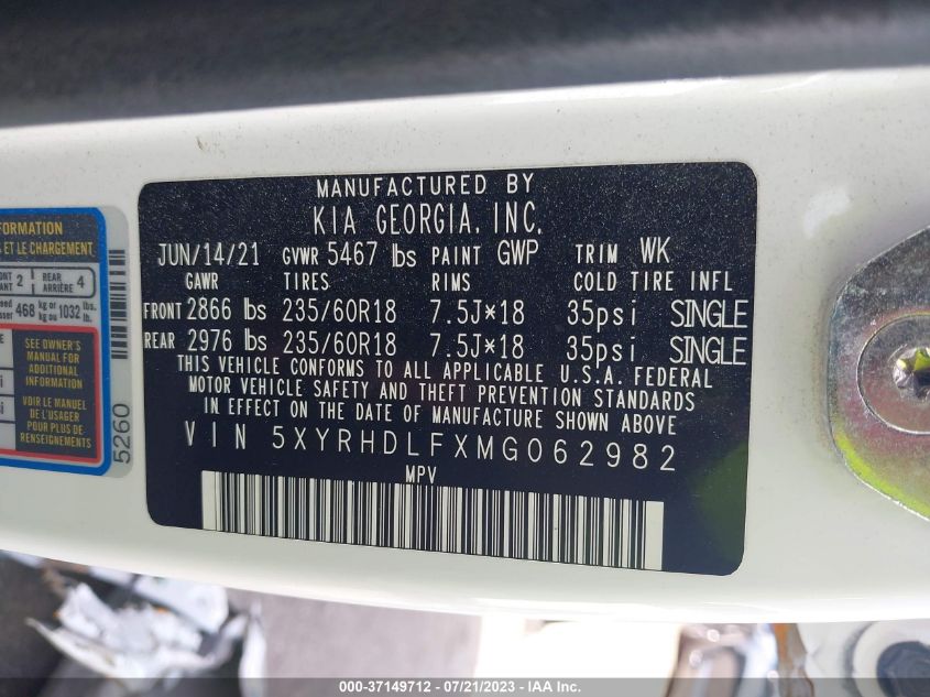 5XYRHDLFXMG062982 Kia Sorento EX 9