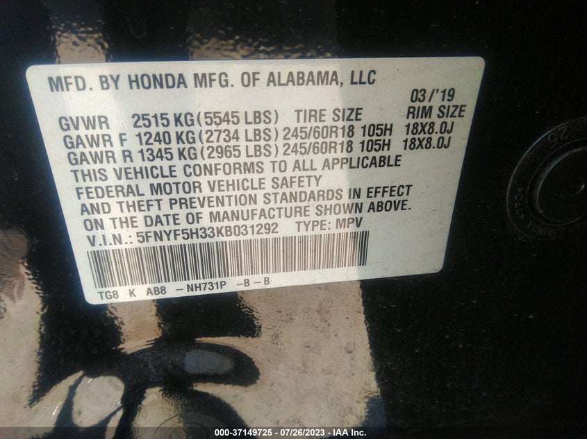 VIN 5FNYF5H33KB031292 2019 HONDA PILOT EX
