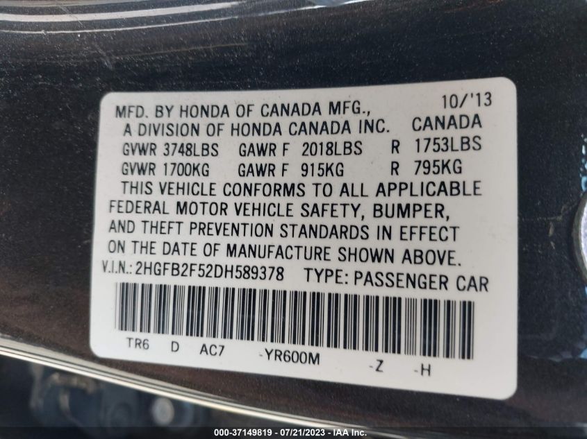 2013 HONDA CIVIC SDN LX - 2HGFB2F52DH589378