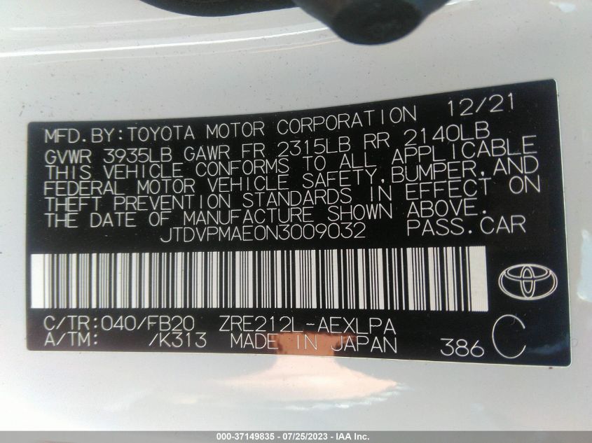 2022 TOYOTA COROLLA LE - JTDVPMAE0N3009032
