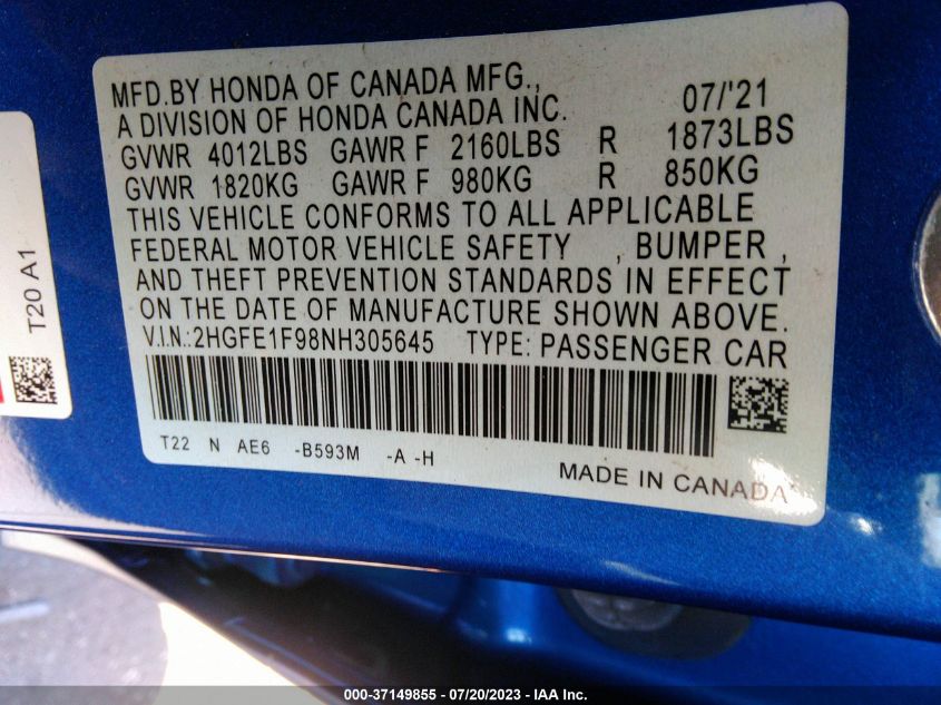 2022 HONDA CIVIC SEDAN TOURING - 2HGFE1F98NH305645