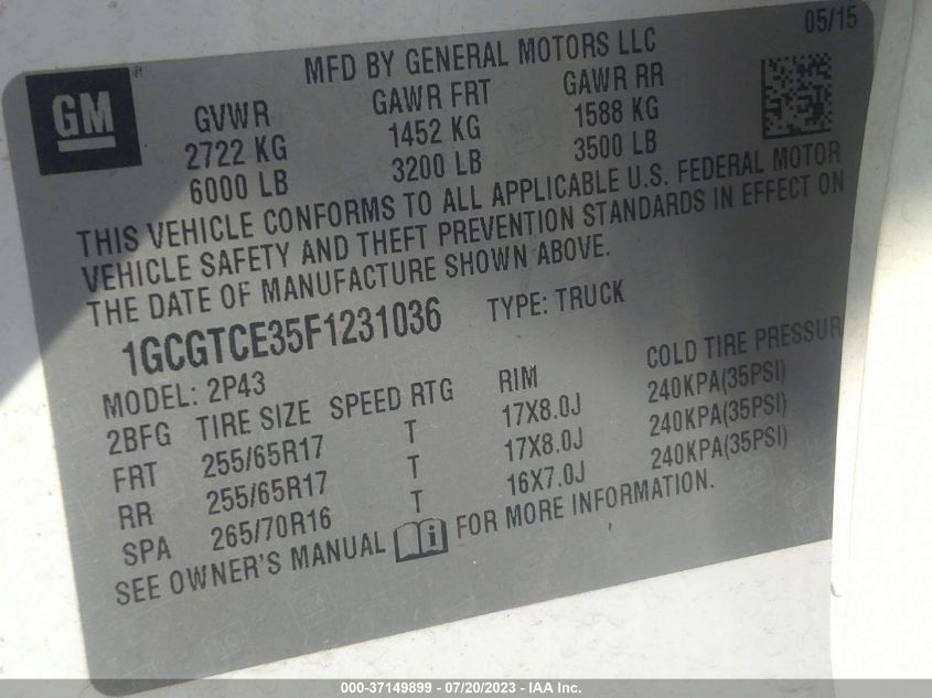 2015 CHEVROLET COLORADO 4WD Z71 - 1GCGTCE35F1231036