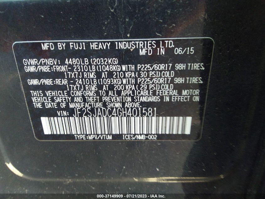 2016 SUBARU FORESTER 2.5I PREMIUM - JF2SJADC4GH401581