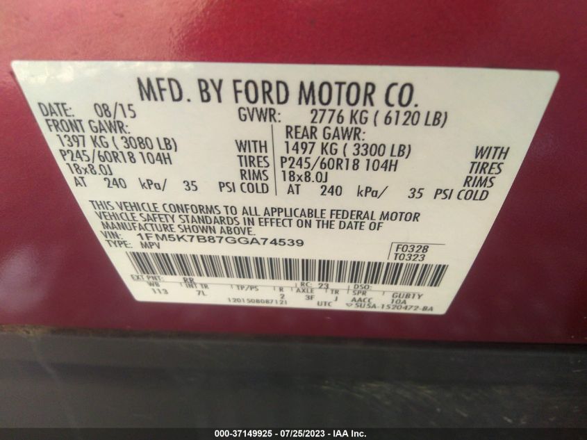 2016 FORD EXPLORER BASE - 1FM5K7B87GGA74539