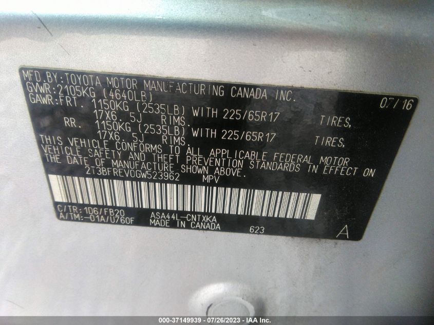 2016 TOYOTA RAV4 LE - 2T3BFREV0GW523962