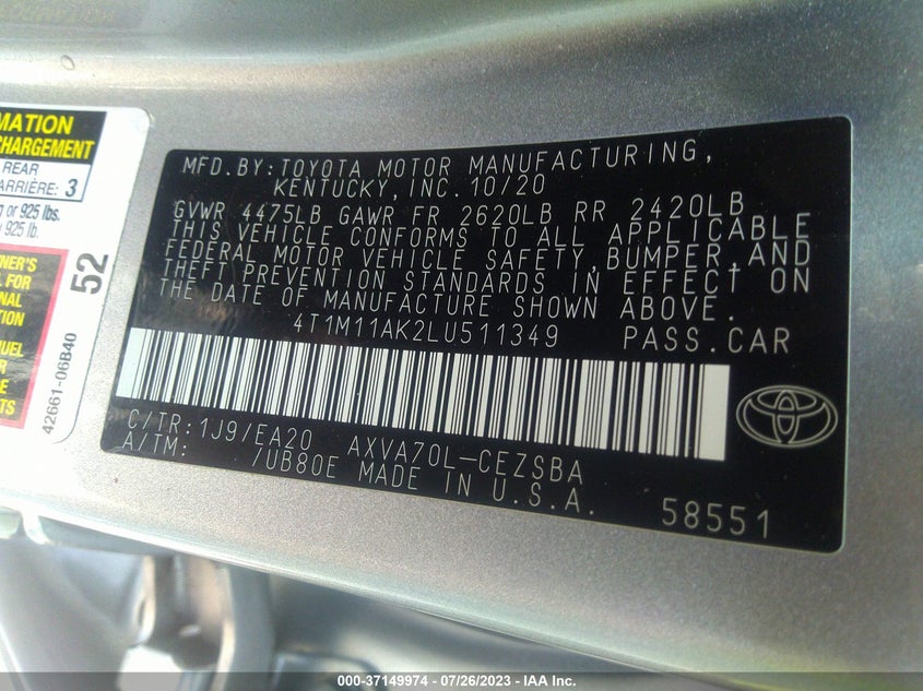 VIN 4T1M11AK2LU511349 2020 TOYOTA CAMRY SE