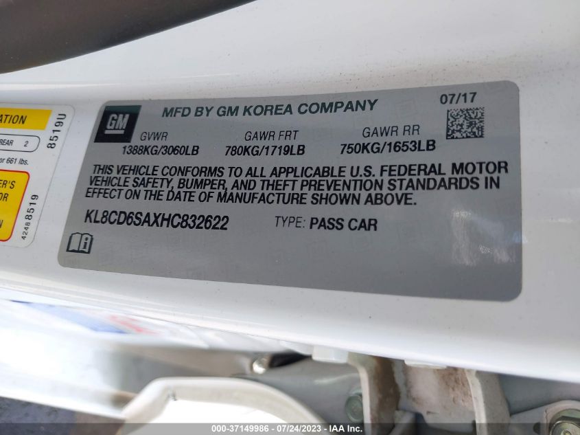 2017 CHEVROLET SPARK LT - KL8CD6SAXHC832622