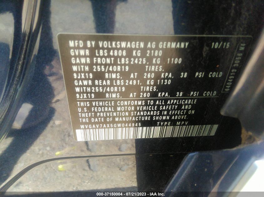 2016 VOLKSWAGEN TIGUAN R-LINE - WVGAV7AX5GW044945