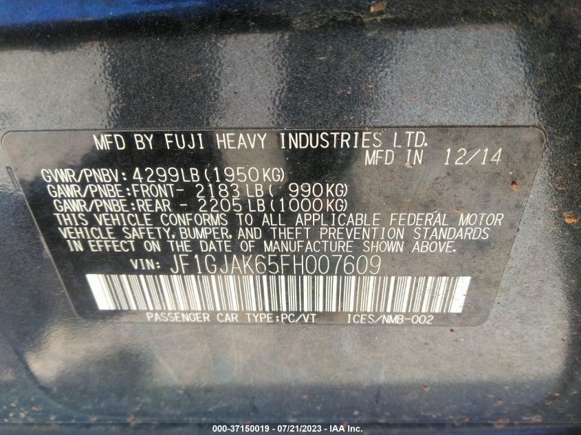 2015 SUBARU IMPREZA SEDAN PREMIUM - JF1GJAK65FH007609