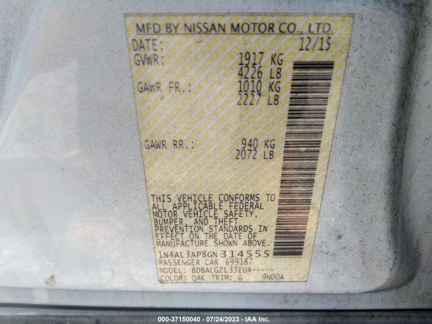 2016 NISSAN ALTIMA 2.5/S/SV/SL/SR - 1N4AL3AP8GN314555