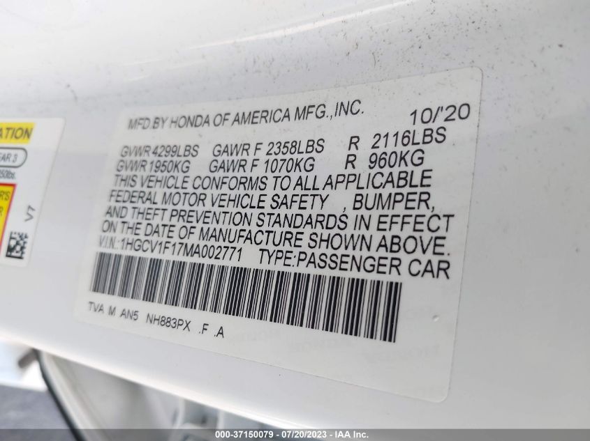 2021 HONDA ACCORD SEDAN LX - 1HGCV1F17MA002771