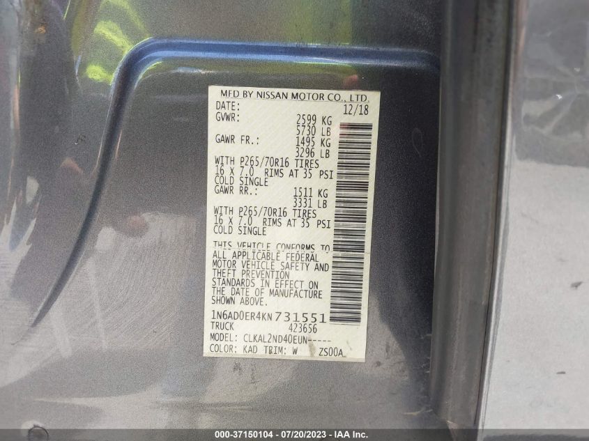 2019 NISSAN FRONTIER SV - 1N6AD0ER4KN731551