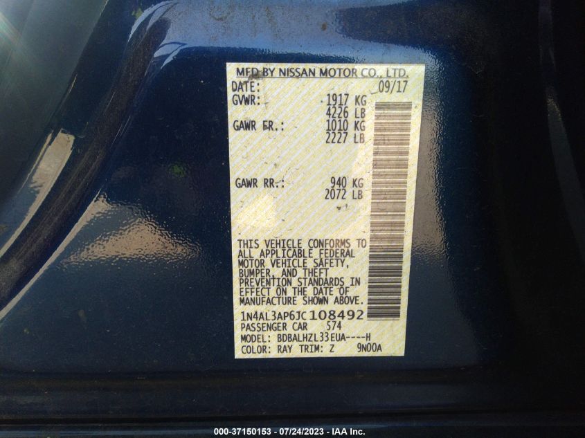 2018 NISSAN ALTIMA 2.5 SR - 1N4AL3AP6JC108492