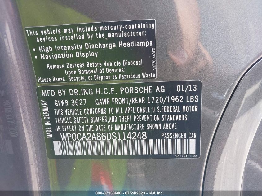2013 PORSCHE BOXSTER WP0CA2A86DS114248