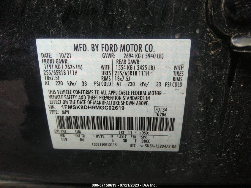 2021 FORD EXPLORER XLT - 1FMSK8DH9MGC02619