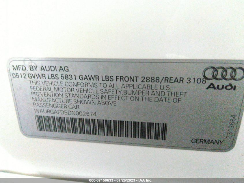 2013 AUDI A8 L 3.0L WAURGAFD5DN002674
