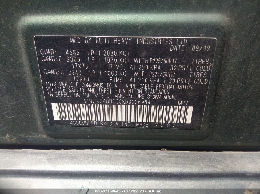 2013 SUBARU OUTBACK 2.5I PREMIUM - 4S4BRCCCXD3236984