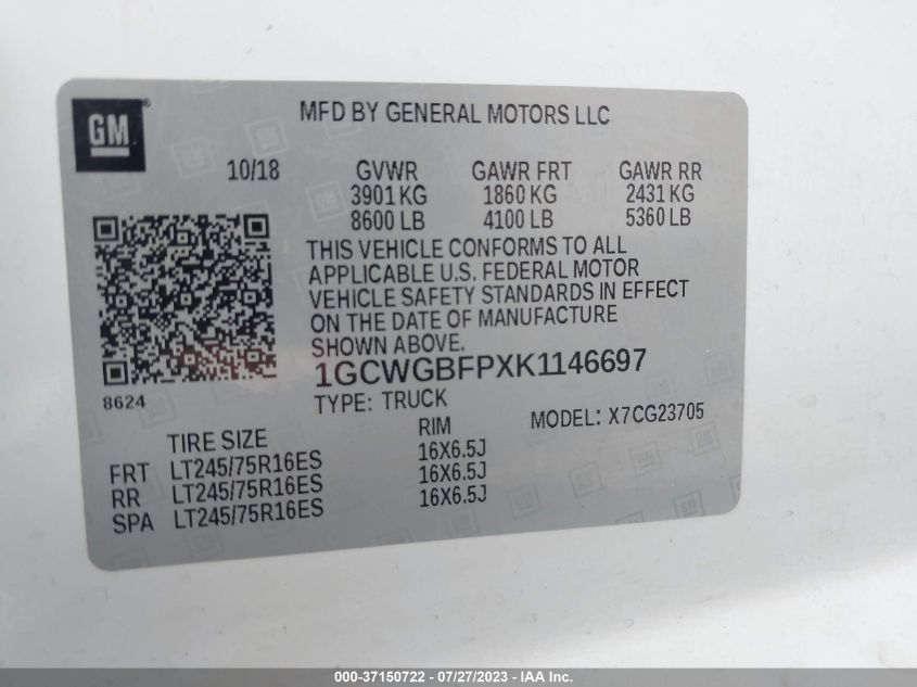 2019 CHEVROLET EXPRESS CARGO VAN - 1GCWGBFPXK1146697