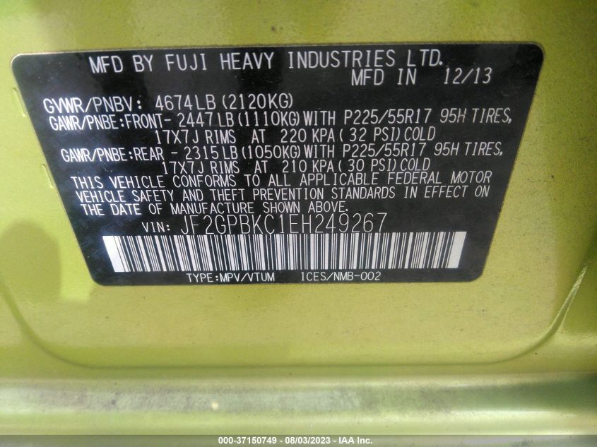2014 SUBARU XV CROSSTREK HYBRID TOURING - JF2GPBKC1EH249267