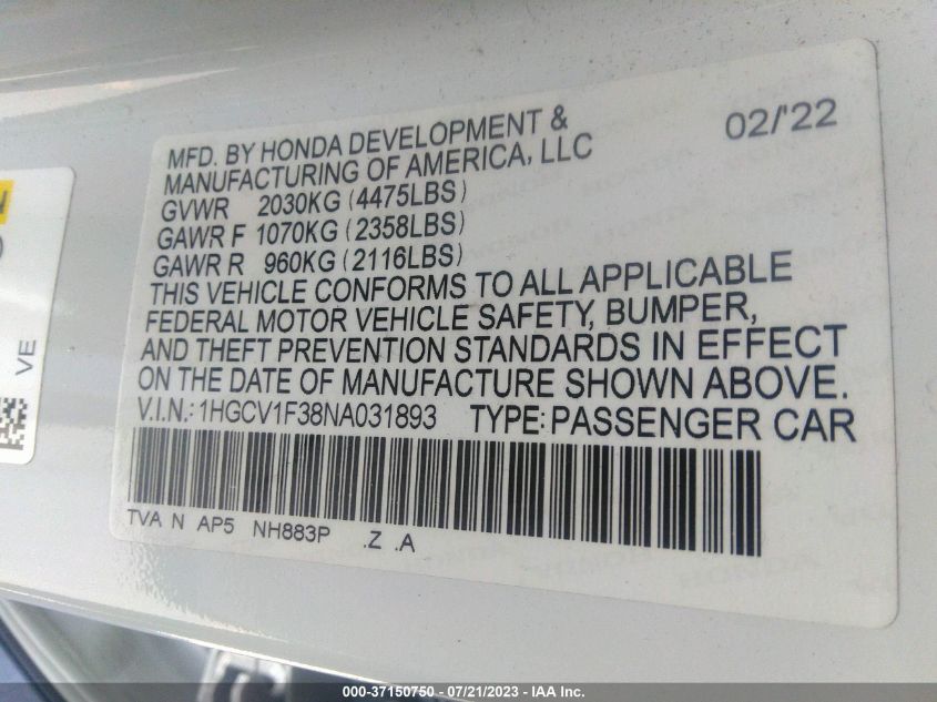2022 HONDA ACCORD SEDAN SPORT - 1HGCV1F38NA031893
