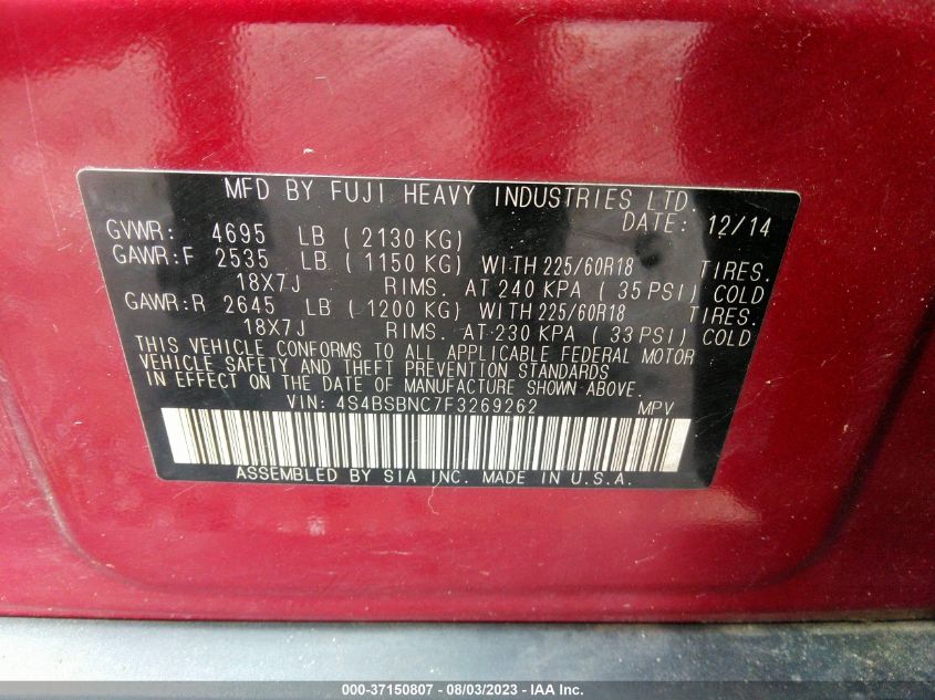 2015 SUBARU OUTBACK 2.5I LIMITED - 4S4BSBNC7F3269262