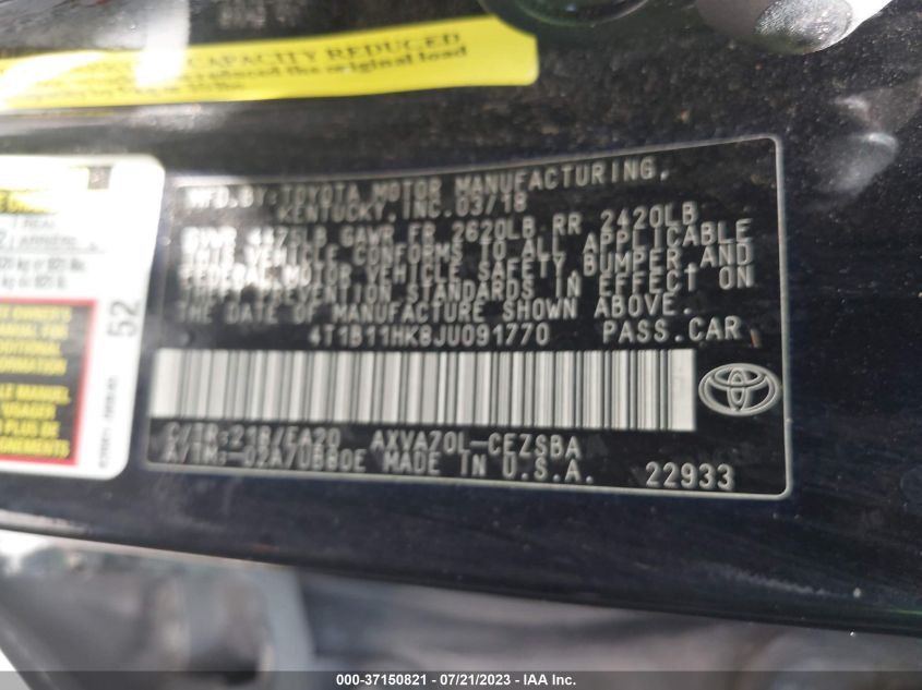 2018 TOYOTA CAMRY L/LE/XLE/SE/XSE - 4T1B11HK8JU091770