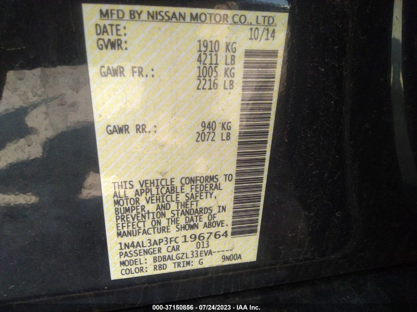 2015 NISSAN ALTIMA 2.5/S/SV/SL - 1N4AL3AP3FC196764