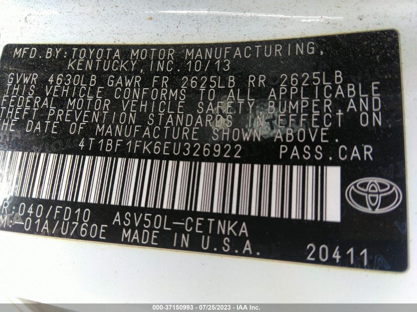 2014 TOYOTA CAMRY L/LE/XLE/SE/SE SPORT - 4T1BF1FK6EU326922